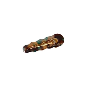 French style acetate tortoise wave duckbill hair clip with gold logo on white background