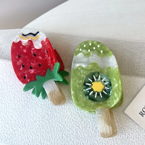 Cute fruit popsicle hair claw clips featuring strawberry and kiwi acetate resin designs
