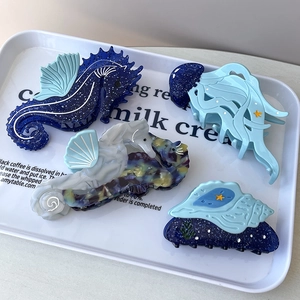 Ocean Series Acetate Hair Claw Clips Blue Glitter Seahorse Jellyfish Conch Shapes Large Hair Grabs For Women Hair Styling