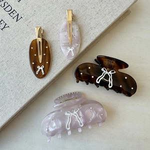 Elegant Acetate Bowknot Rhinestone Hair Claw Clip French Retro Amber Pink Marble Shark Clip Duckbill Hair Accessory For Women