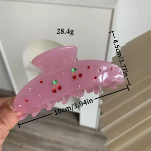 Pink acetate hair claw with cherry rhinestones, size 10cm x 4.5cm and 28.4g weight