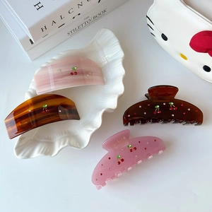 Sweet Acetate Cherry Rhinestone Hair Claw Clip Elegant Marble Texture Pink Brown Hair Accessories For Women Hair Styling Tool