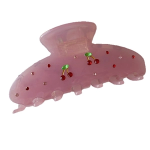 Pink acetate cherry hair claw clip with sparkling rhinestones for women hair styling