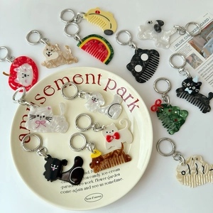 Acetate Animal Fruit Keychain Mini Portable Hair Comb Pendant Cute Cat Dog Watermelon Bag Charm Fashion Jewelry Key Ring