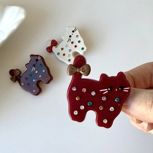 Cartoon acetate cat hair clips set with colorful rhinestones and metal bows for girls