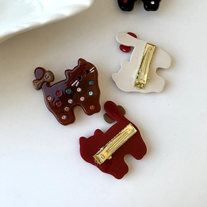 Cartoon kitten acetate hair clip with colorful rhinestones and gold metal duckbill grip