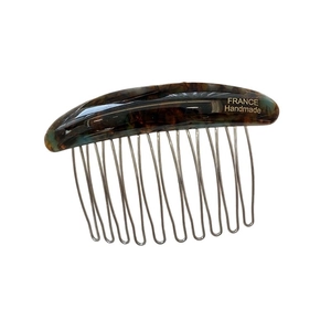 Handmade tortoiseshell resin hair comb with vintage gold logo and metal teeth