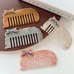 Cute Cat Shaped Acetate Hair Comb Anti Static Marble Texture Animal Styling Brush Portable Beauty Hair Tool For Women Kids