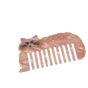 Cute pink cat-shaped acetate hair comb with golden outlines and anti-static wide teeth