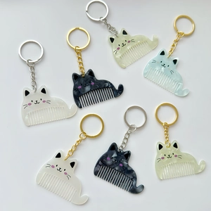 Cute Cartoon Cat Mini Comb Keychain Acetate Marble Texture Portable Hair Comb Bag Pendant For Women Girls Daily Accessory