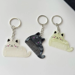Cute cat mini hair comb keychain set in white, marble grey and light green acetate