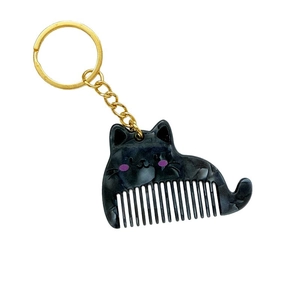 Cute black marble cat mini comb keychain portable bag accessory with golden metal ring
