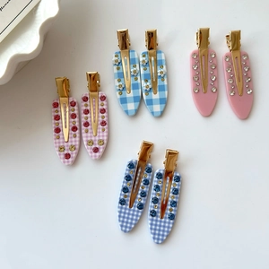 Französischer Karierter Acetat Haarclip Für Damen Eleganter Strass Blumen Entenschnabel Clip Ohne Spuren Haarschmuck