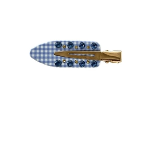 Französische Haarspange mit blauem Karomuster, Strasssteinen und goldener Entenschnabelklemme