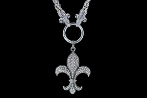 Gothic silver iris pendant with double ram heads and full diamond setting on black background