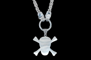 Detail of punk skull and crossbones pendant on heavy kings chain with animal head clasp