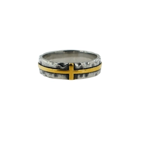 Bague punk vintage en acier inoxydable avec croix dorée et texture métal vieilli