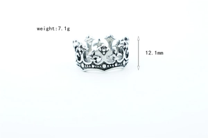 Detail view of gothic crown ring showing 12.1mm height and 7.1g weight specs