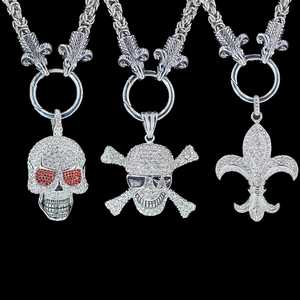 Gothic Stainless Steel Skull Fleur-De-Lis Pendant Necklace With Byzantine Goat Head Chain Vintage Punk Zirconia Jewelry