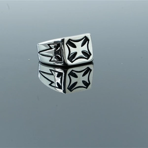 Vintage stainless steel signet ring for men featuring a black Maltese cross design