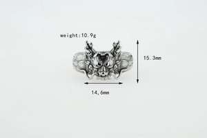 Detailed view of vintage dragon head ring with precise measurements and 10.9g weight info