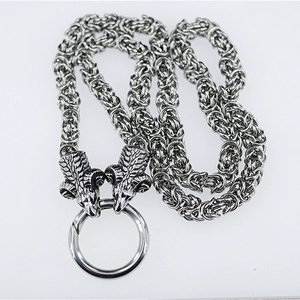 Men's punk viking necklace featuring dual ram heads pendant and Byzantine chain