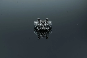 Macro detail of vintage stainless steel dragon head ring with oxidized punk finish