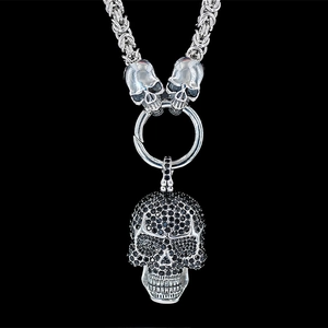 Gothic punk necklace with large black rhinestone skull pendant and silver Byzantine chain