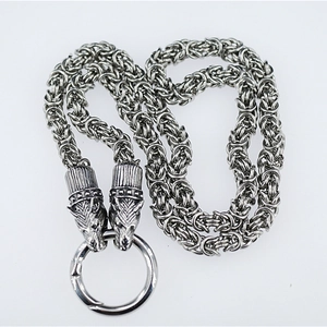 Collier chaîne byzantine en acier titane pour hommes avec têtes de loup viking et anneau