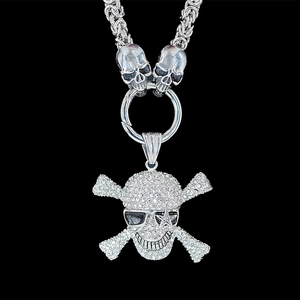 Punk style skull pendant necklace with full rhinestones and chunky chain for street fashion