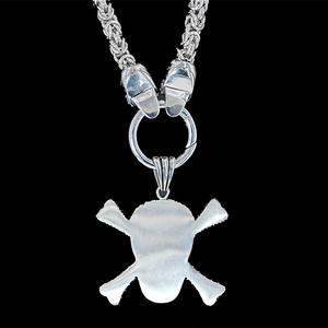 Punk style silver skull pendant with heavy chain shown from a metallic back view