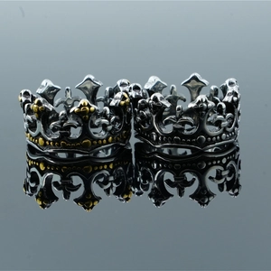 Vintage stainless steel king crown rings in silver and gold accents with iris crown details
