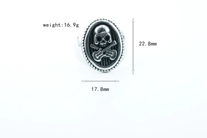 Detail view of rock skull ring with guitar relief showing weight 16.9g and 22.8mm height