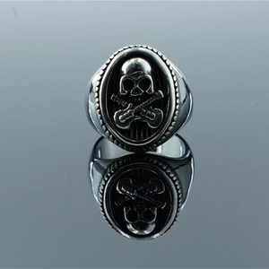Men punk stainless steel ring featuring skull and crossed guitars with a vintage finish