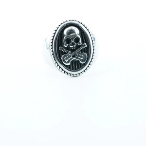 Men's punk stainless steel ring featuring a skull and crossed guitars design in silver