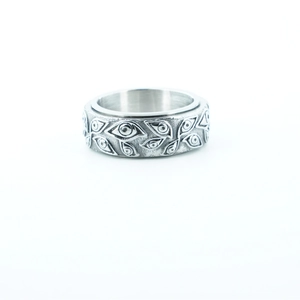 Vintage spinning wide band ring with evil eye relief in oxidized silver finish