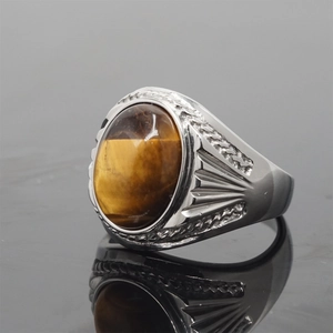 Vintage Titanium Steel Oval Gemstone Ring For Men Women Gold Silver Plated Carved Radial Lines Pattern Cat Eye Tiger Eye Lapis Lazuli Stone Signet Finger Ring Jewelry
