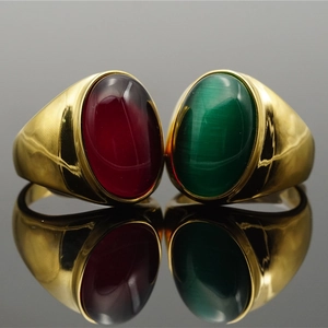 Anello in Acciaio al Titanio Ovale con Pietra Preziosa Placcato Oro Retro Occhio di Gatto Pietra Artificiale Anello di Moda per Uomo Donna