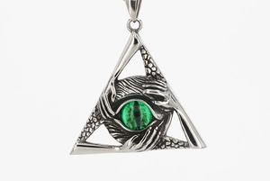 Gothic silver pendant with realistic green eye and overlapping hands in a triangle frame