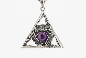 Detailed close-up of a silver titanium steel triangle pendant with a purple mystic eye