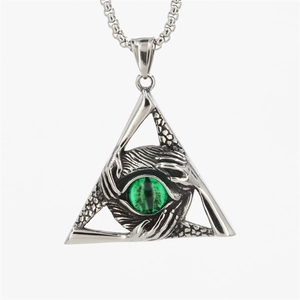Gothic silver steel necklace with dragon eye triangle pendant and long square box chain