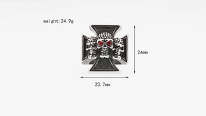 Detailed size chart of gothic skull ring featuring red zircon eyes and cross base design