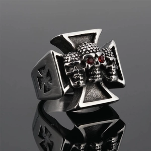 Men's punk titanium steel skull ring with red zircon eyes and cross relief design