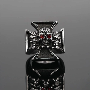 Gothic punk titanium steel skull ring with red zircon eyes and cross design details