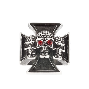 Gothic punk titanium steel skull ring with red zircon eyes and iron cross design