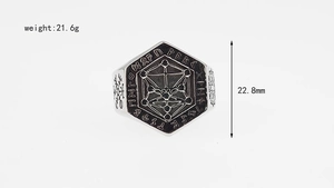 Detail view of Viking tree of life signet ring with Nordic runes and etched side patterns