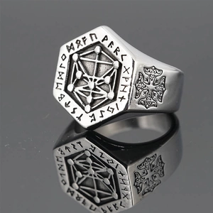 Vintage Viking Tree of Life signet ring with Nordic runes and polished steel reflection