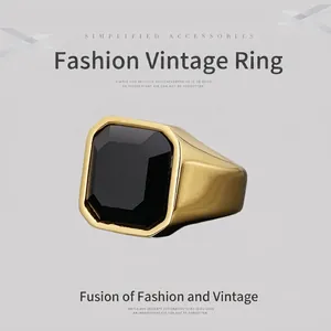 Vintage Men Stainless Steel Signet Ring Large Rectangle Black Red Rhinestone Stone Distressed Punk Hip Hop Jewelry Gift
