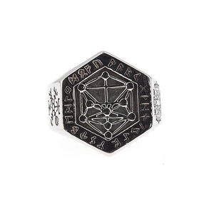 Vintage Viking tree of life signet ring with Nordic runes and mystic geometric design