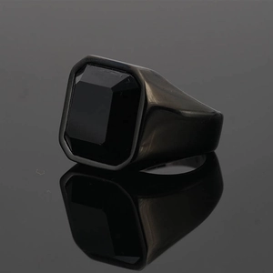 Men's vintage black stainless steel signet ring with a large rectangular gemstone